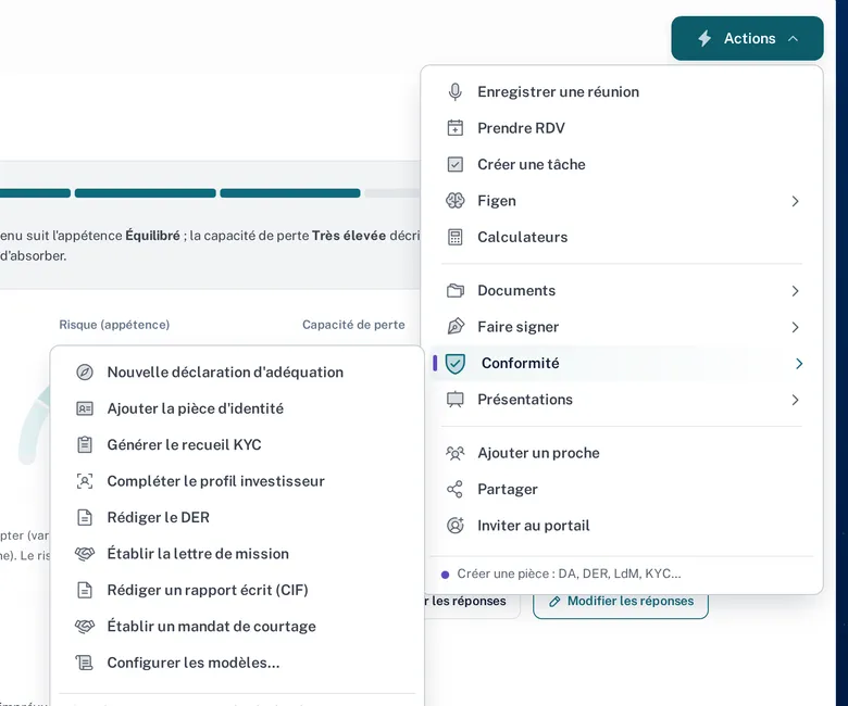 Le menu Actions ouvert sur la fiche d’un client