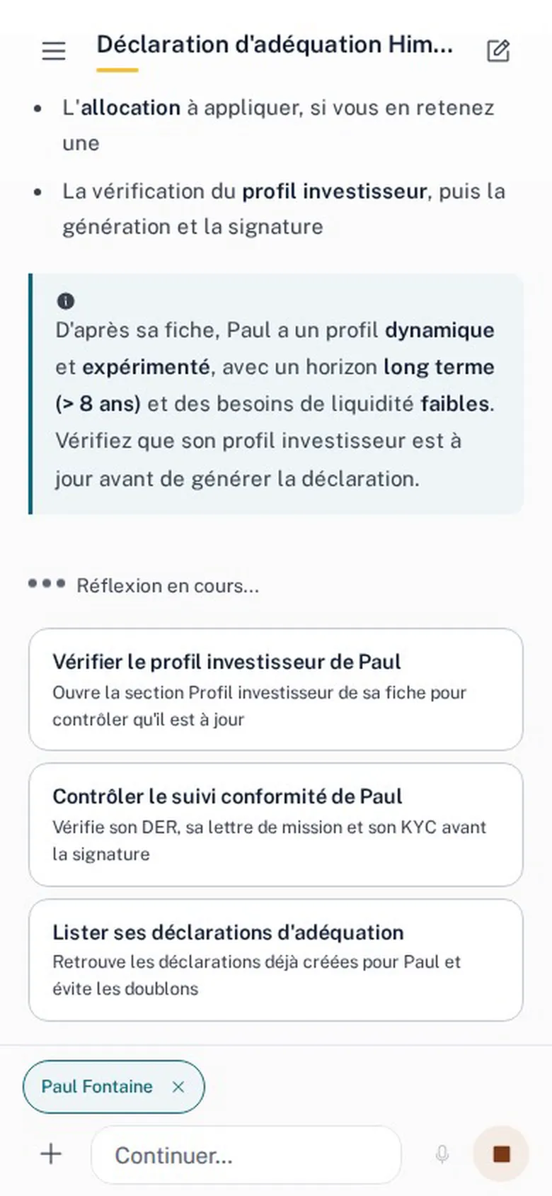 La demande tapée dans Figen OS, puis la déclaration d’adéquation générée pour Paul Fontaine