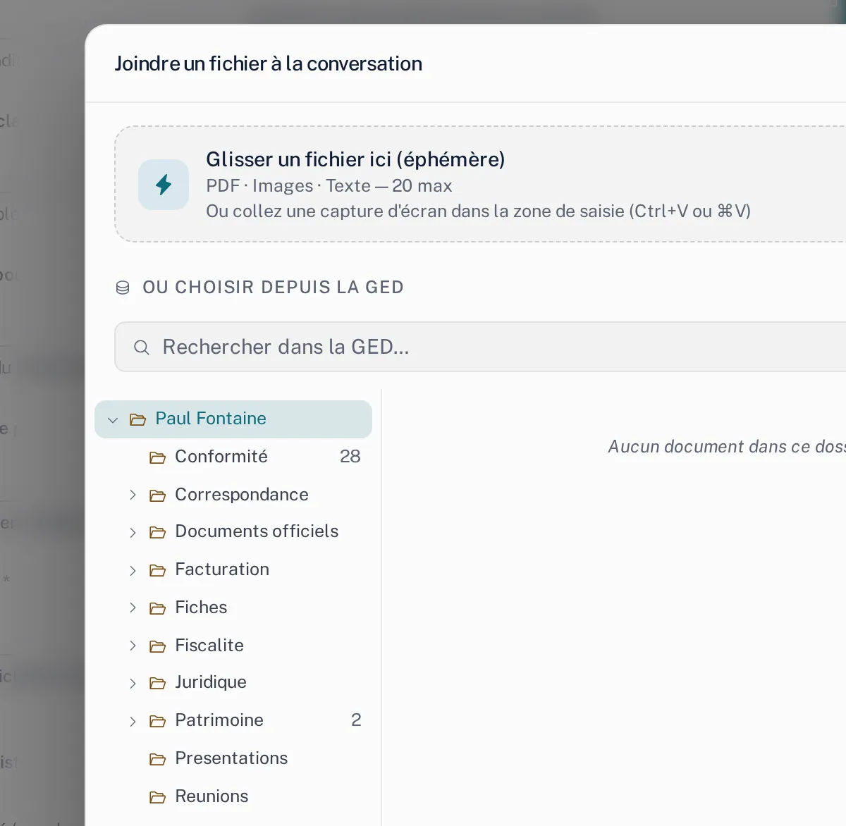 Joindre des documents à la conversation : jusqu’à 20 fichiers, ou depuis la GED du client