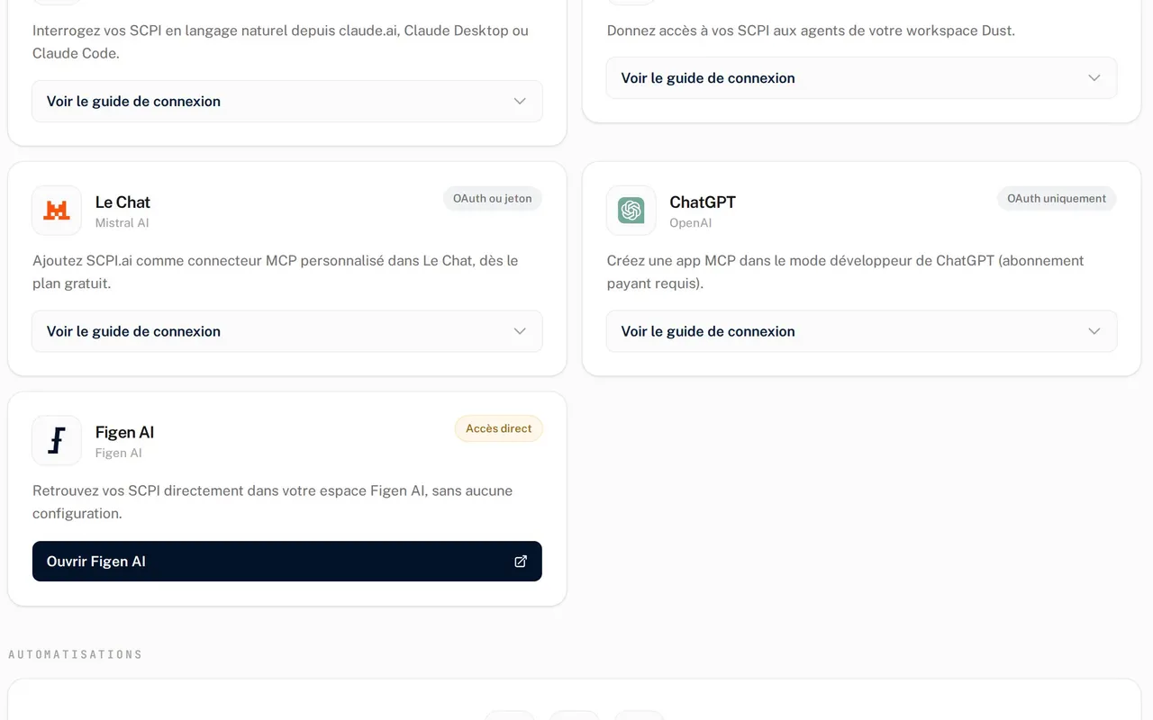 The AI integrations page of SCPI.ai: Claude, Dust, Le Chat, ChatGPT, the Figen AI workspace and automations