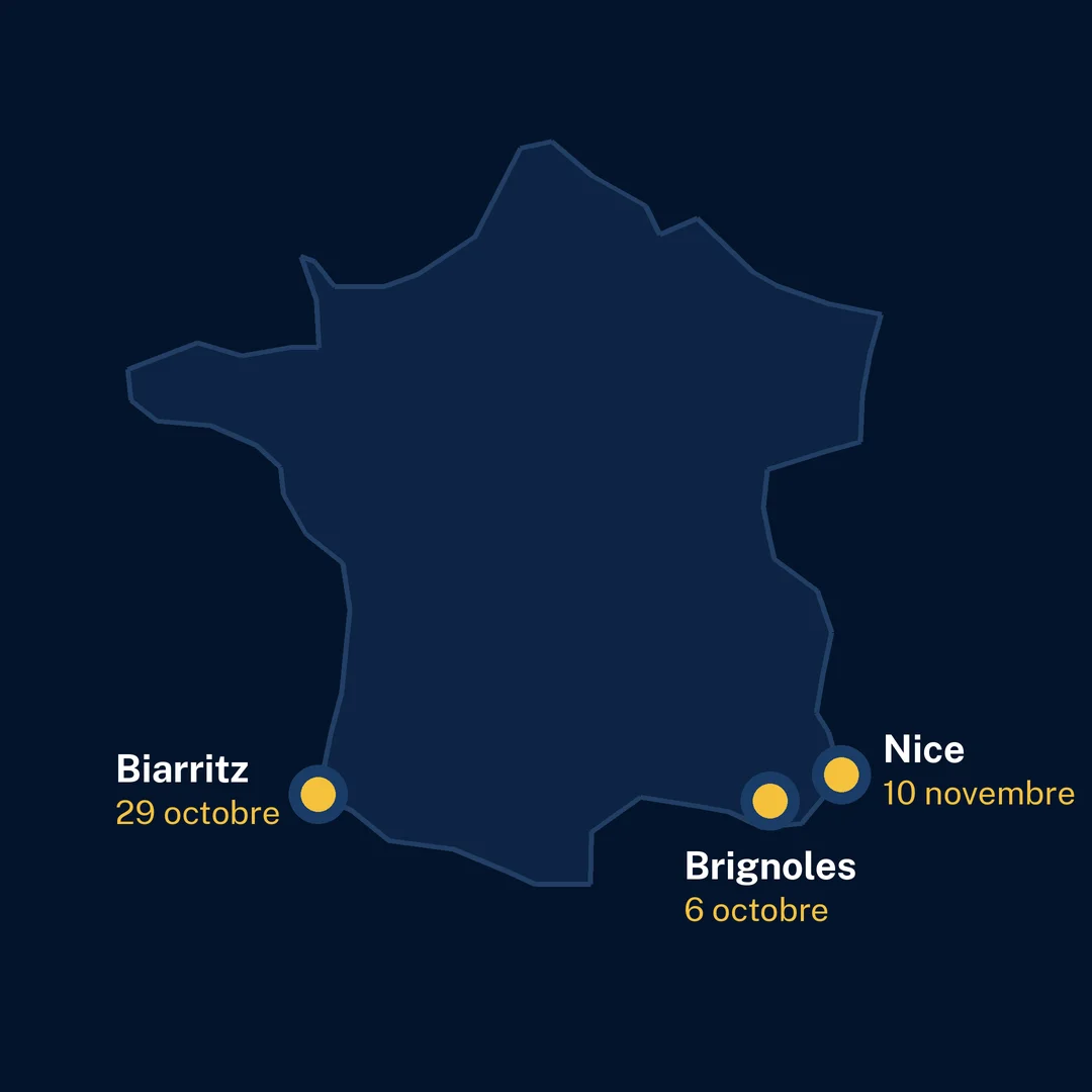 Carte de France des trois premières sessions de formation Figen AI pour La Compagnie des CGP : Biarritz le 29 octobre, Brignoles le 6 octobre, Nice le 10 novembre