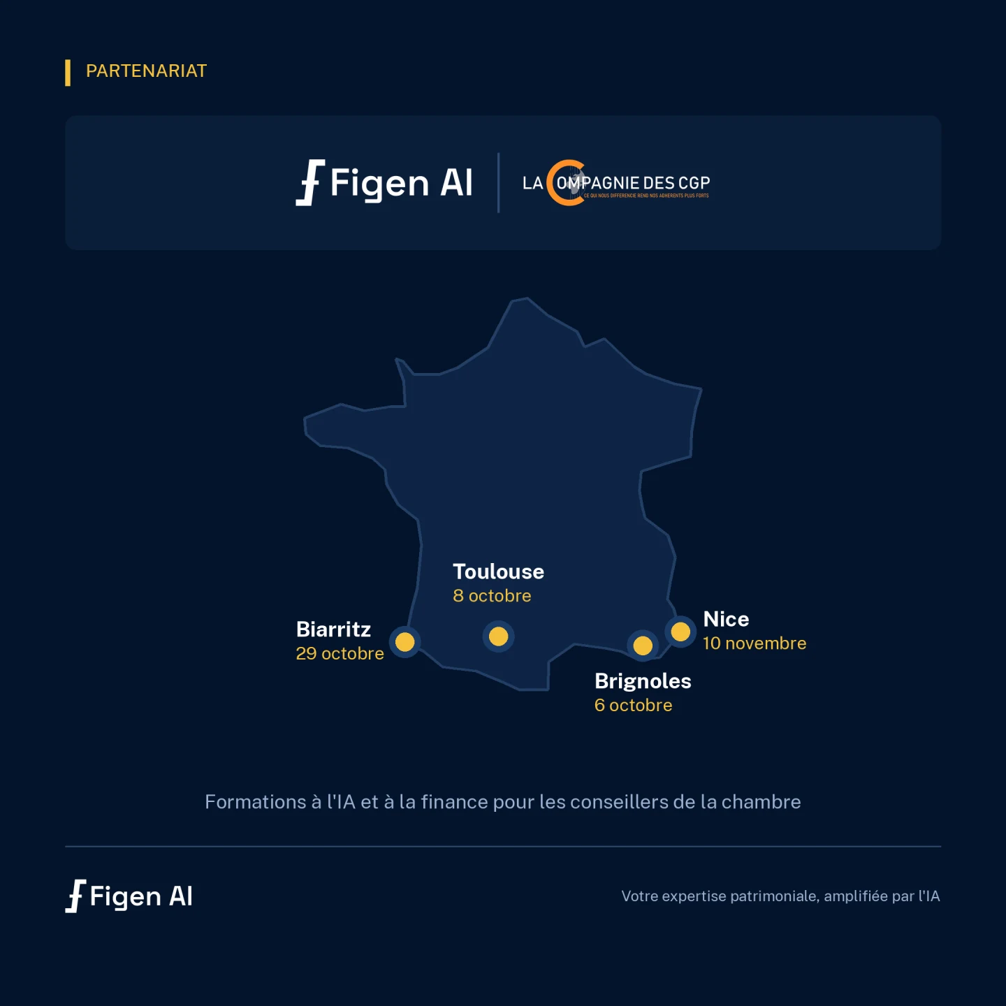 Partenariat Figen AI et LA COMPAGNIE DES CGP : carte de France des quatre premières sessions de formation à l’IA et à la finance, à Brignoles le 6 octobre, Toulouse le 8 octobre, Biarritz le 29 octobre et Nice le 10 novembre