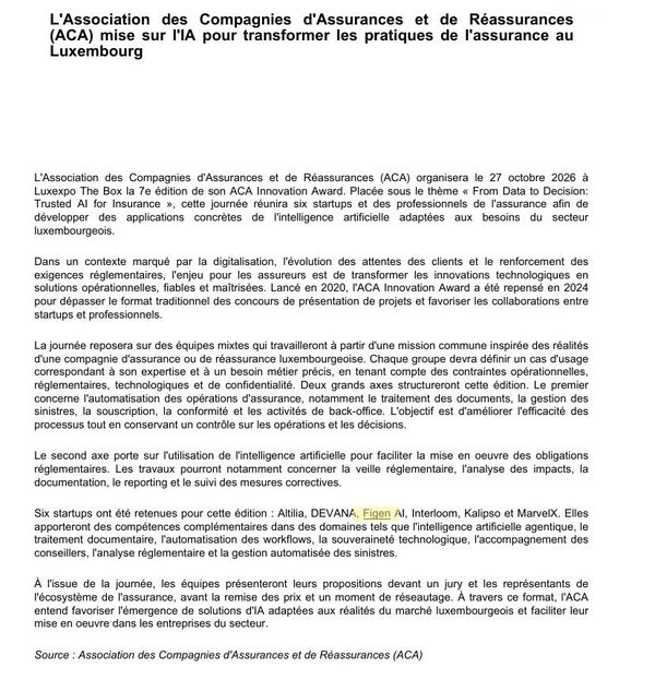Article de l’Agefi Luxembourg du 13 octobre 2026 sur l’ACA Innovation Award