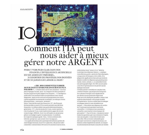Page de Madame Figaro du 23 octobre 2026 sur l’IA et la gestion de l’argent, avec les conseils de Vincent Aurez de Figen AI