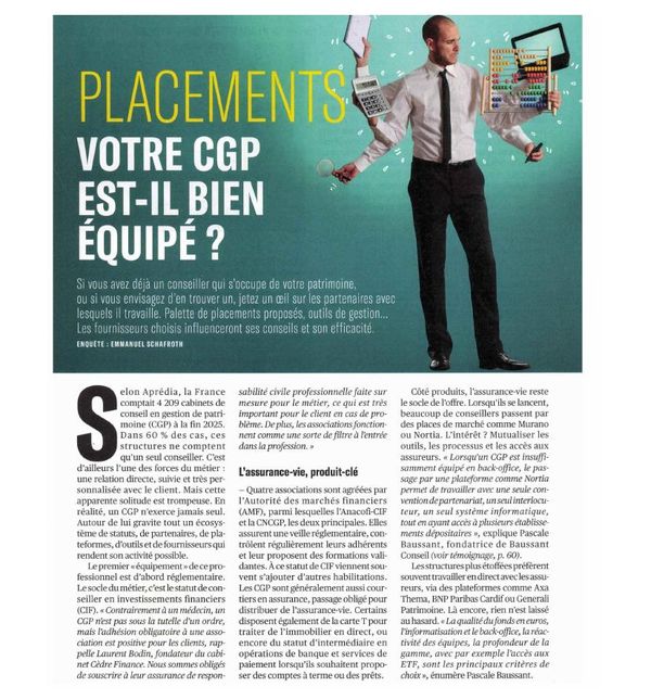Page de Mieux Vivre Votre Argent de novembre 2026, enquête sur l’équipement des CGP qui cite Figen AI